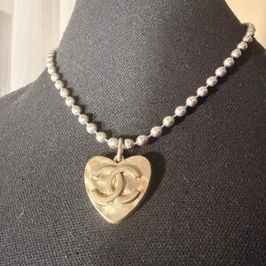 CHANEL Gold Heart Pendant with Silver Beaded Chain